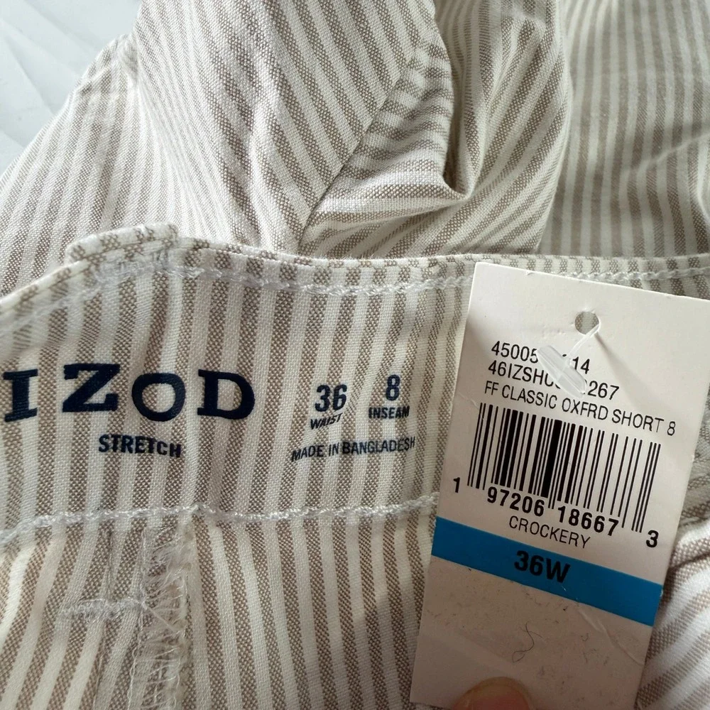IZOD Men's Classic Oxford Stretch Shorts 36 Tan Beige White‎ Striped NWT